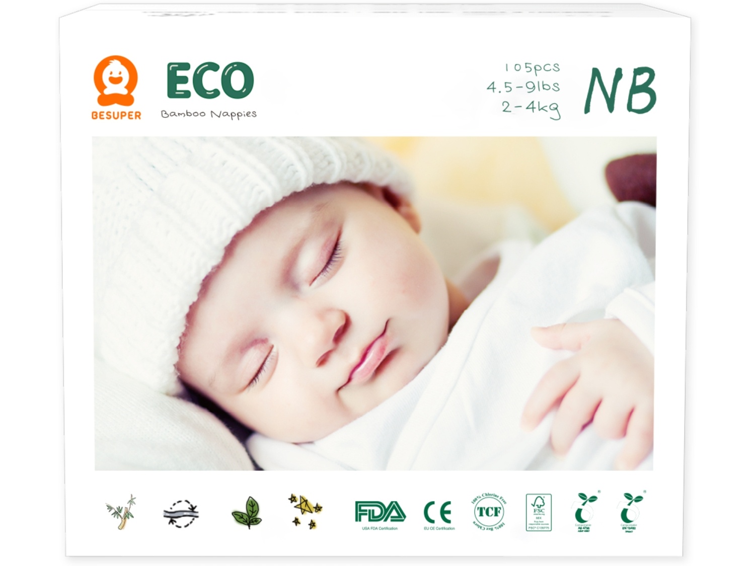 Pelene za bebe BESUPER  eco bamboo NB 105kom